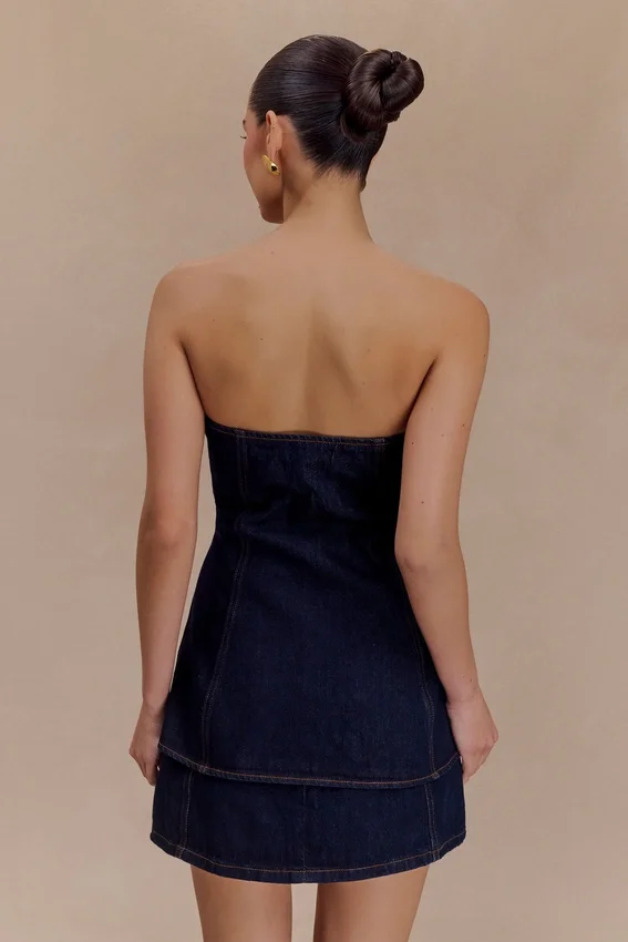 Lennox Strapless Long Line Button Top – Indigo Blue Lennox Strapless Long Line Button Top – Indigo Blue