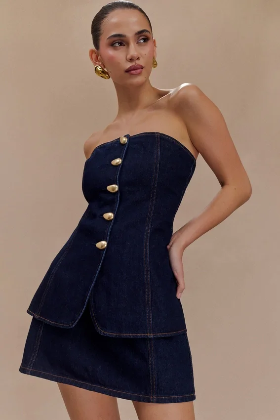Lennox Strapless Long Line Button Top – Indigo Blue Lennox Strapless Long Line Button Top – Indigo Blue