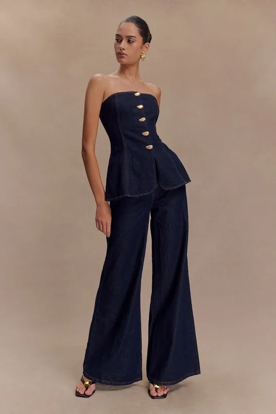 Lennox Strapless Long Line Button Top – Indigo Blue Lennox Strapless Long Line Button Top – Indigo Blue