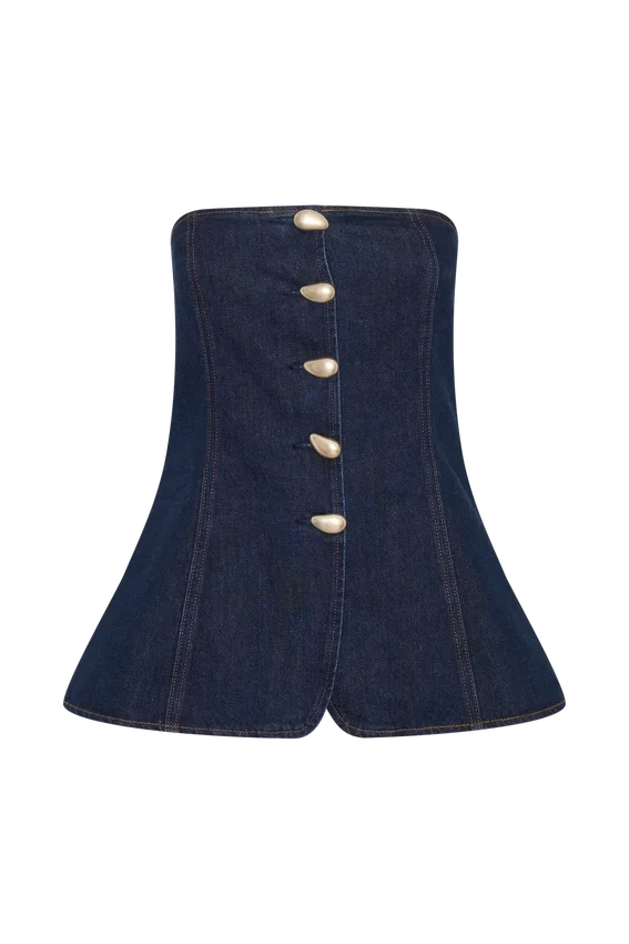 Lennox Strapless Long Line Button Top – Indigo Blue Lennox Strapless Long Line Button Top – Indigo Blue