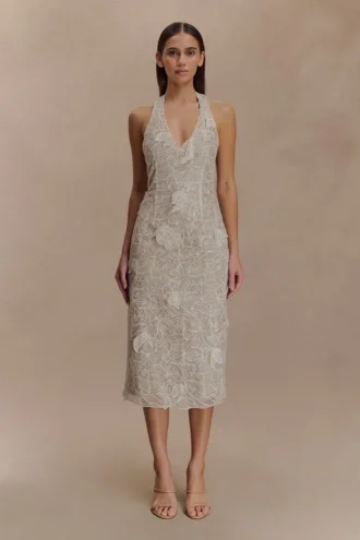Lenore Silk Lace Halter Midi Dress – Ivory