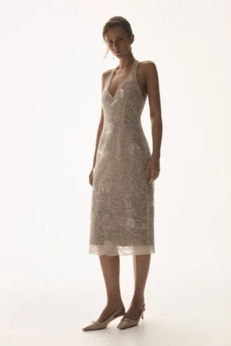 Lenore Silk Lace Halter Midi Dress – Ivory