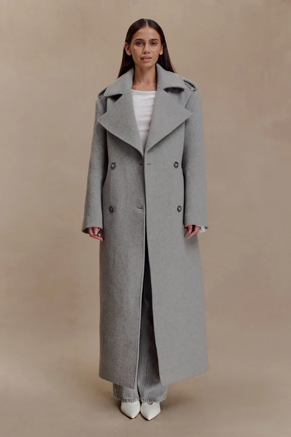 Levi Long Trench Wool Coat – Grey Marle Levi Long Trench Wool Coat – Grey Marle