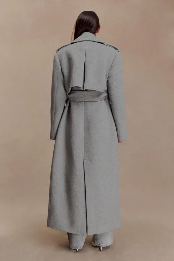 Levi Long Trench Wool Coat – Grey Marle Levi Long Trench Wool Coat – Grey Marle