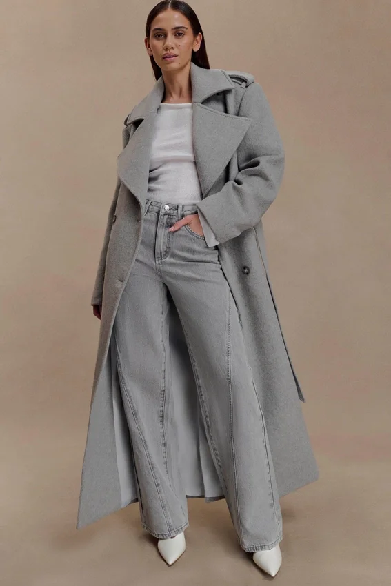 Levi Long Trench Wool Coat – Grey Marle Levi Long Trench Wool Coat – Grey Marle