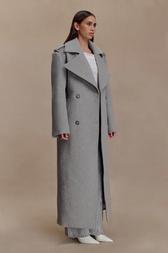 Levi Long Trench Wool Coat – Grey Marle Levi Long Trench Wool Coat – Grey Marle
