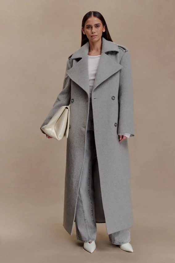 Levi Long Trench Wool Coat – Grey Marle Levi Long Trench Wool Coat – Grey Marle