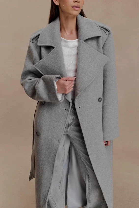 Levi Long Trench Wool Coat – Grey Marle Levi Long Trench Wool Coat – Grey Marle