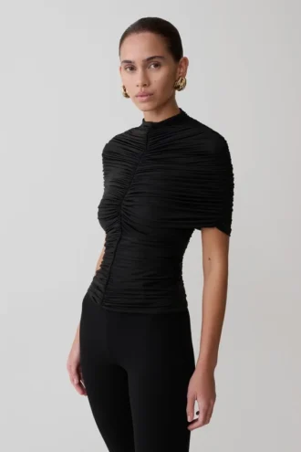 Linh Slinky High Neck Gathered Top – Black
