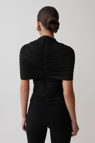 Linh Slinky High Neck Gathered Top – Black