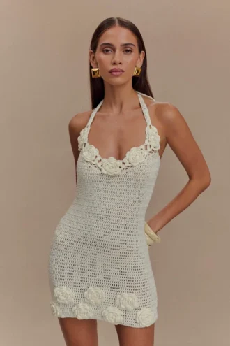 Liyah Floral Hand Crochet Mini Dress – Ivory