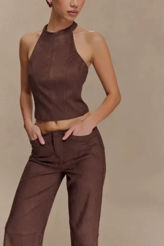 Logan Faux Suede Halter Top – Dark Chocolate