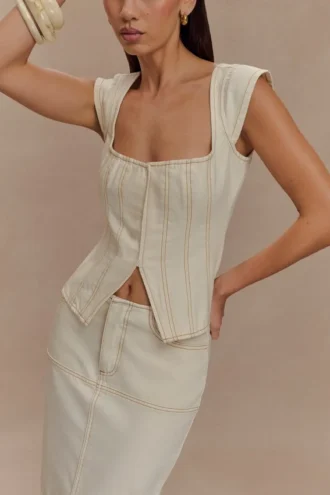 Loretta Cap Sleeve Denim Top – Ecru