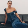 Loretta Cap Sleeve Denim Top – Washed Dark Blue