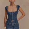 Loretta Cap Sleeve Denim Top – Washed Dark Blue