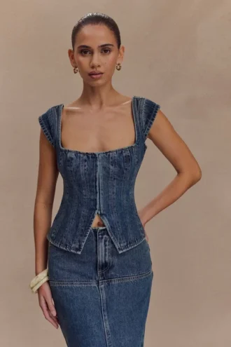 Loretta Cap Sleeve Denim Top – Washed Dark Blue