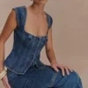 Loretta Cap Sleeve Denim Top – Washed Dark Blue