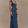Loretta Cap Sleeve Denim Top – Washed Dark Blue