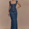 Loretta Cap Sleeve Denim Top – Washed Dark Blue