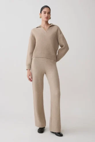 Evan Knit Wide Leg Pants – Beige Marle