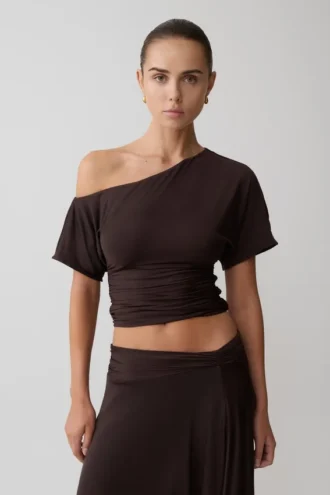 Luu Off Shoulder Slinky Top – Dark Chocolate