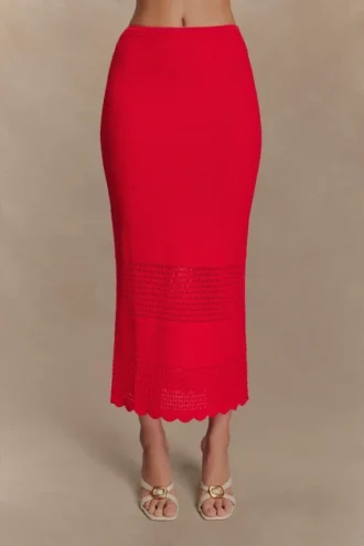 Madeline Scallop Knit Midi Skirt – Red Madeline Scallop Knit Midi Skirt – Red