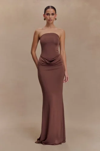Madison Strapless Slinky Maxi Dress – Chocolate
