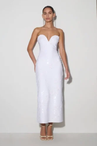 Maisie Strapless Sequin Midi Dress – White