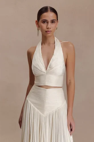 Makena Gathered V Neck Top – Opal White
