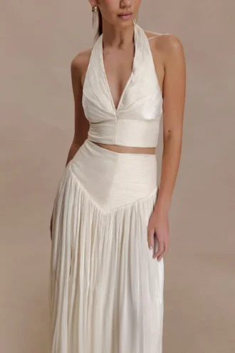 Makena Gathered V Neck Top – Opal White
