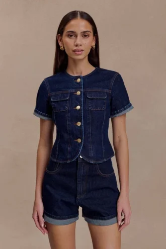 Marge Fitted Denim Short Sleeve Top – Indigo Blue