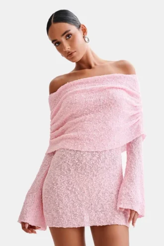 Marisol Off Shoulder Boucle Mini Dress – Baby Pink