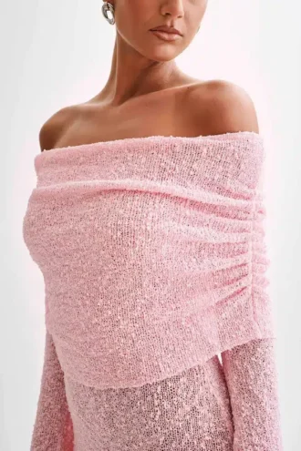 Marisol Off Shoulder Boucle Mini Dress – Baby Pink