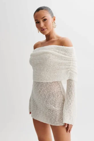 Marisol Off Shoulder Boucle Mini Dress – Ivory