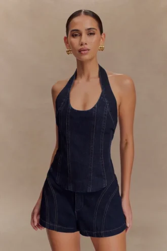 Meadow Denim Corset Halter Top – Indigo Blue