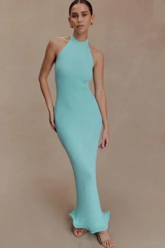 Melodie Halter Knit Maxi Dress – Cyan Blue