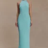 Melodie Halter Knit Maxi Dress – Cyan Blue