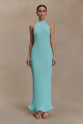 Melodie Halter Knit Maxi Dress – Cyan Blue