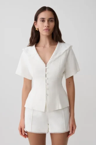 Melody Short Sleeve Shirt With Lace Collar – White