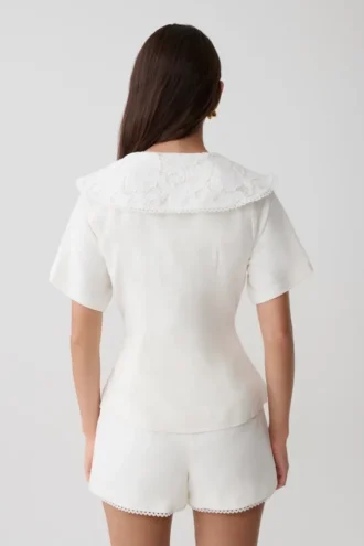 Melody Short Sleeve Shirt With Lace Collar – White