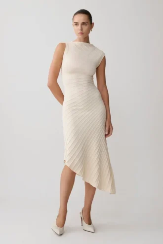 Milasandra Pleated Knit Dress – Ivory