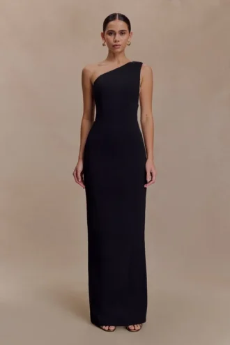 Milena One Shoulder Crepe Maxi Dress – Black