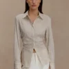 Millie Tie Back Cotton Shirt – Beige Pinstripe Millie Tie Back Cotton Shirt – Beige Pinstripe