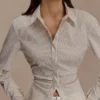 Millie Tie Back Cotton Shirt – Beige Pinstripe Millie Tie Back Cotton Shirt – Beige Pinstripe