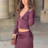 Miraby Front Ruched Knit Long Sleeve Top – Dark Chocolate Miraby Front Ruched Knit Long Sleeve Top – Dark Chocolate