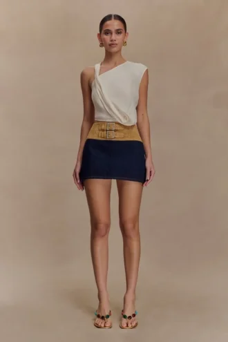 Miranda Faux Suede Belted Denim Mini Skirt – Indigo Blue