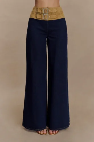 Miranda Faux Suede Belted Denim Wide Leg Jeans – Indigo Blue