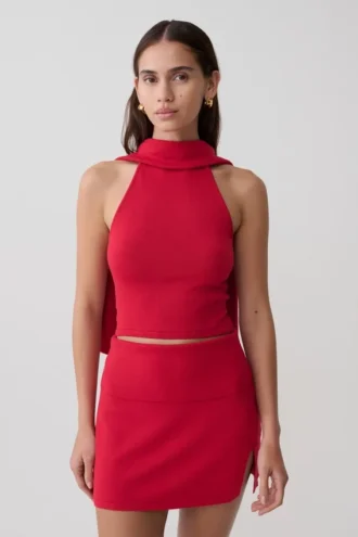 Misty Halter Backless Knit Top – Red