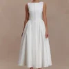 Monika Gathered Waist Cotton Midi Dress – White Monika Gathered Waist Cotton Midi Dress – White