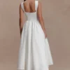 Monika Gathered Waist Cotton Midi Dress – White Monika Gathered Waist Cotton Midi Dress – White